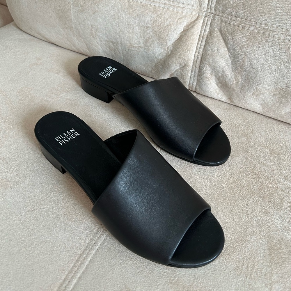 NEW Eileen Fisher Leather Sleek Stylish Comfy Slide Block Heels Sandals